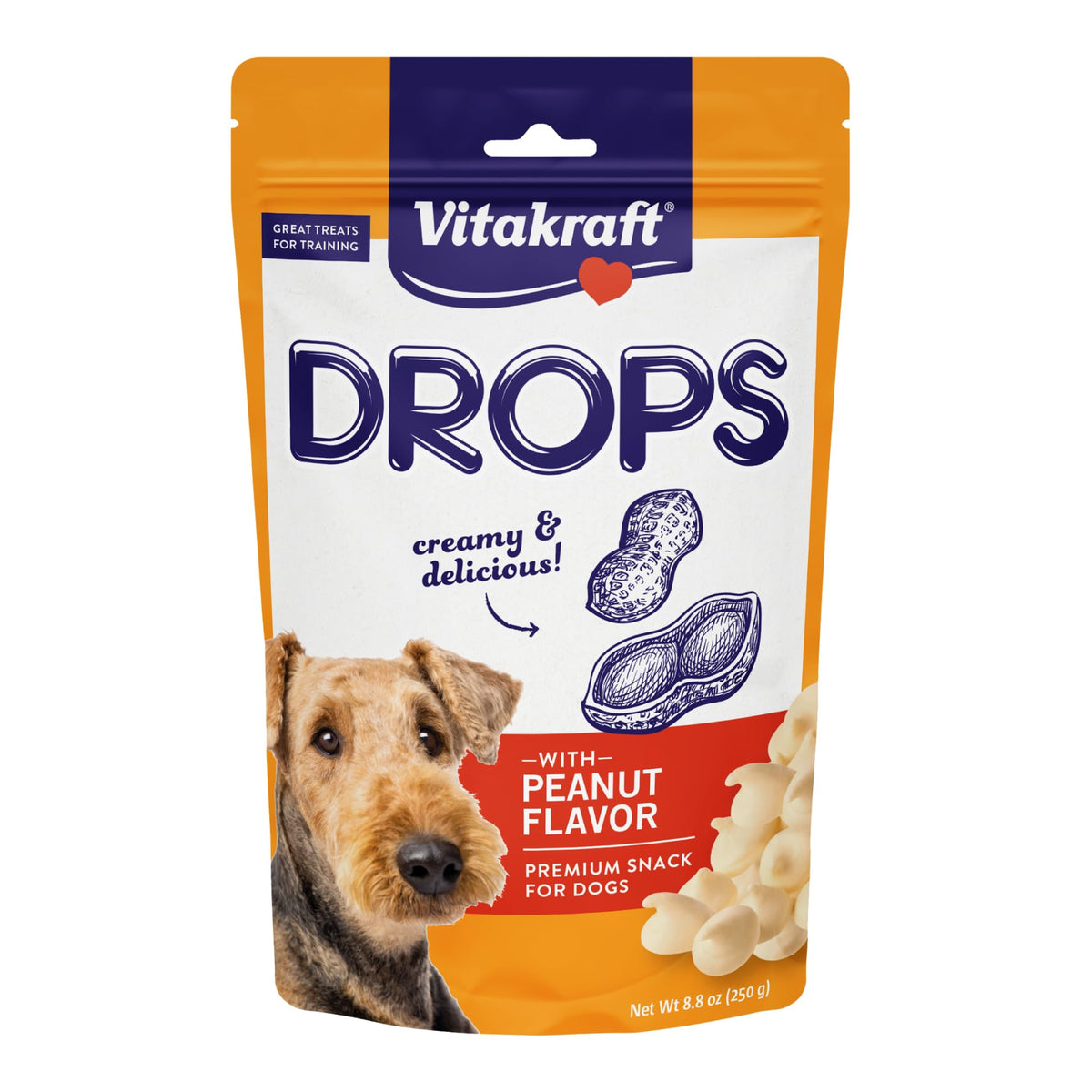 Vitakraft Drops pour chien au goût arachide dans le sachet, idéal pour la récompense lors de l'entraînement.