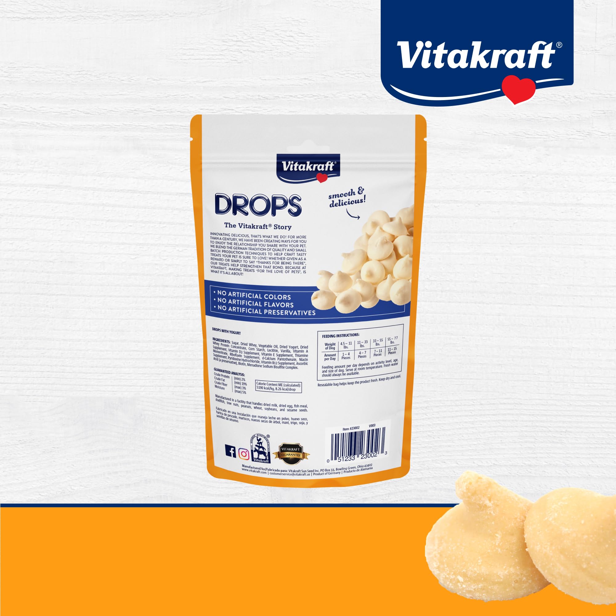 Vitakraft Drops yaourt: texture cremeuse qui plait au chien.