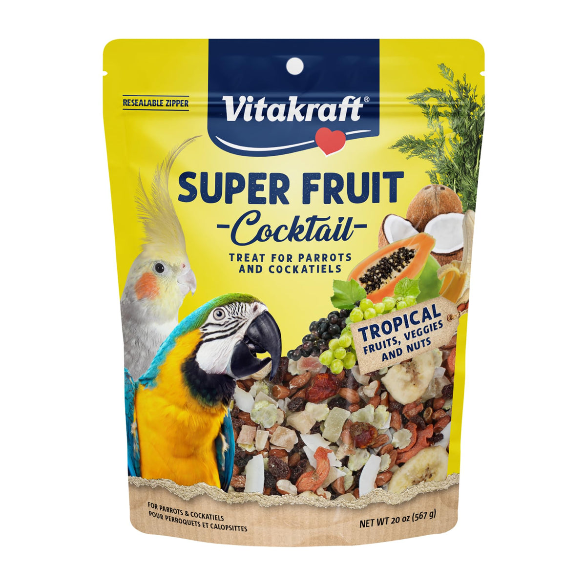 Vitakraft Fresh Super Fruit Cocktail – emballage attrayant pour oiseaux gourmands.