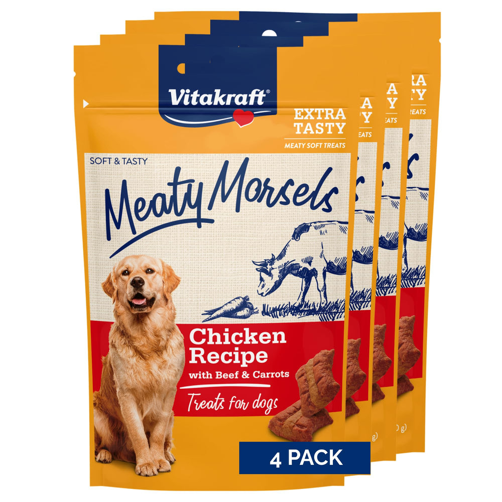 Vitakraft Meaty Morsels: paquets réutilisables, morceaux poulet et carottes pour chien.