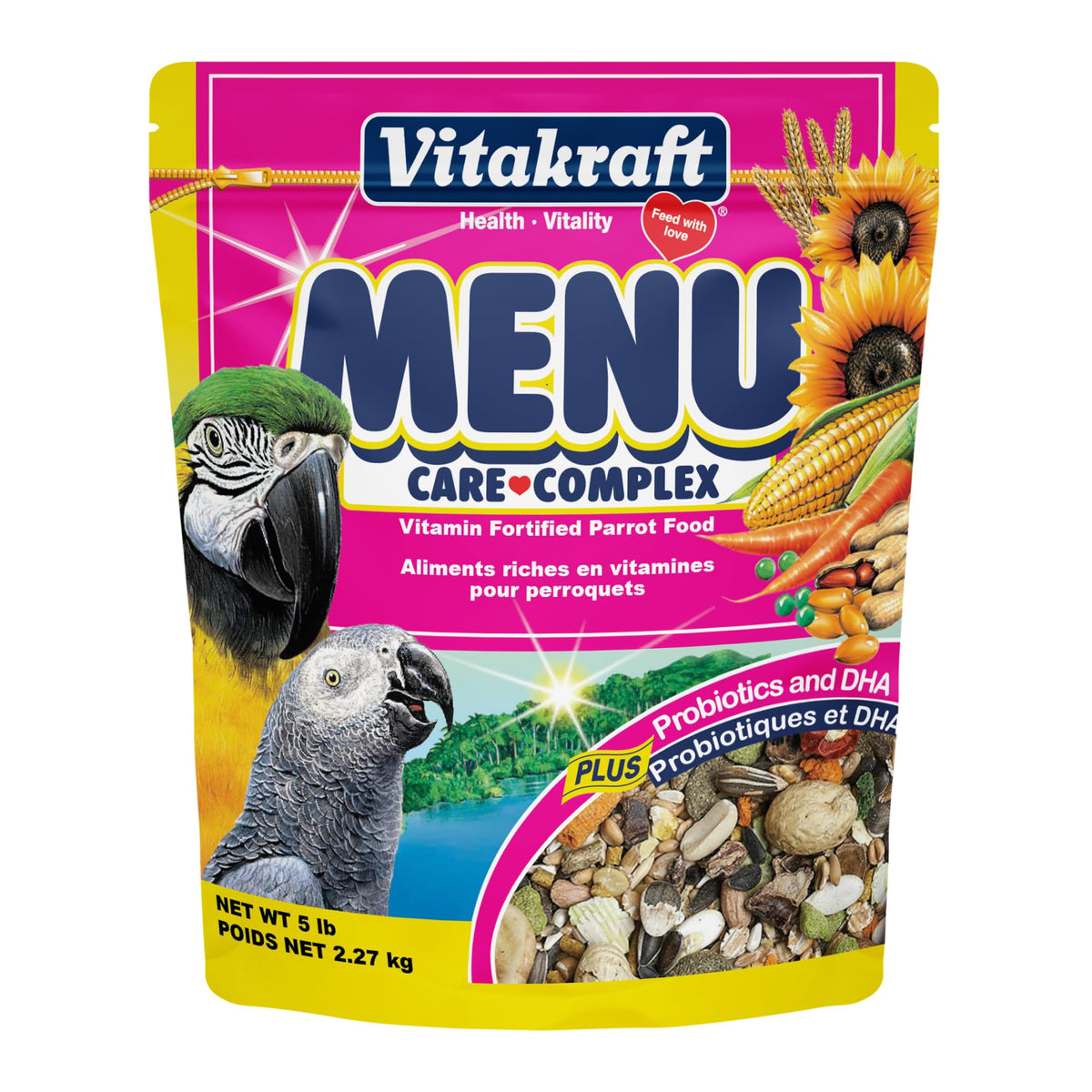 Vitakraft Menu Perroquet: mélange équilibré de graines, fruits et légumes pour une alimentation variée.