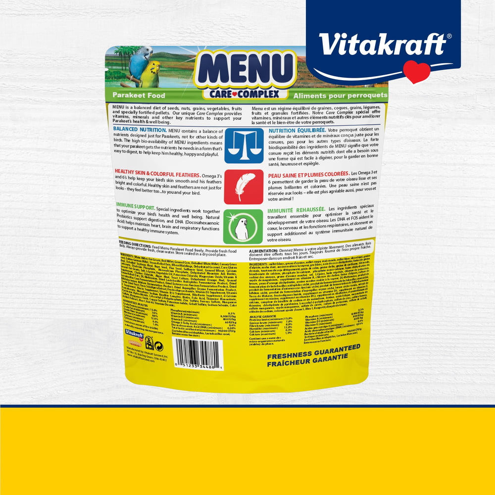 Vitakraft Menu Perruche, savoir-faire centenaire: alimentation de qualité issue d une longue expérience.