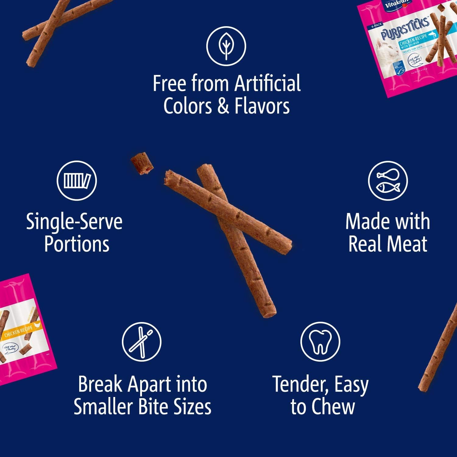 Vitakraft PurrSticks ingrédients sans artificiels, friandise naturelle.
