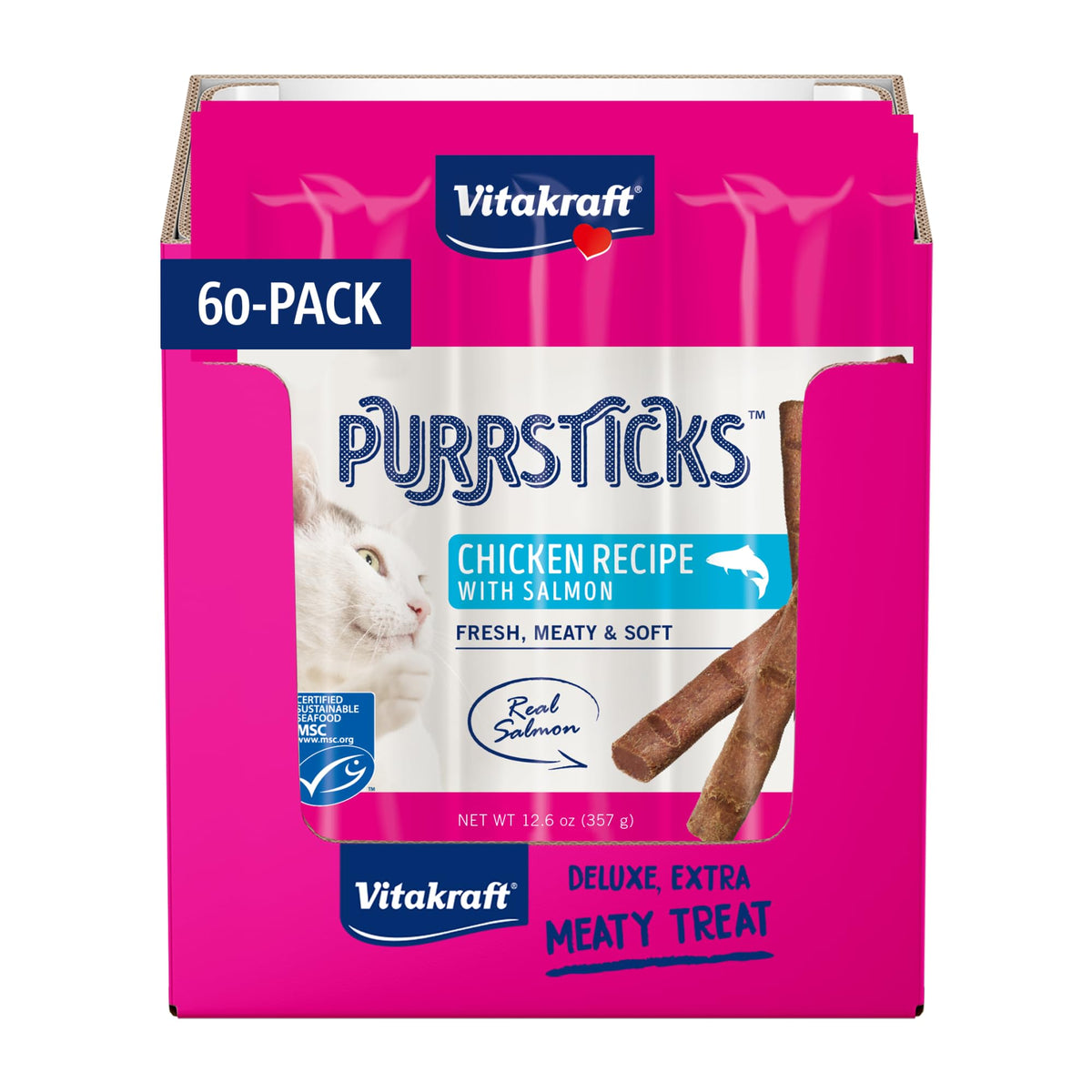 Vitakraft Purrsticks Saumon – boîte 60 bâtonnets, friandise pratique et portionnée pour des collations contrôlées.