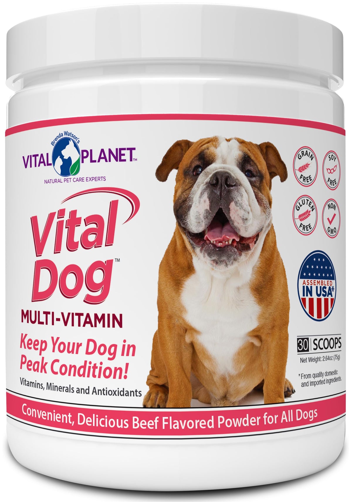 Vital Dog poudre multivitamine goût boeuf, soutien quotidien pour chiens.
