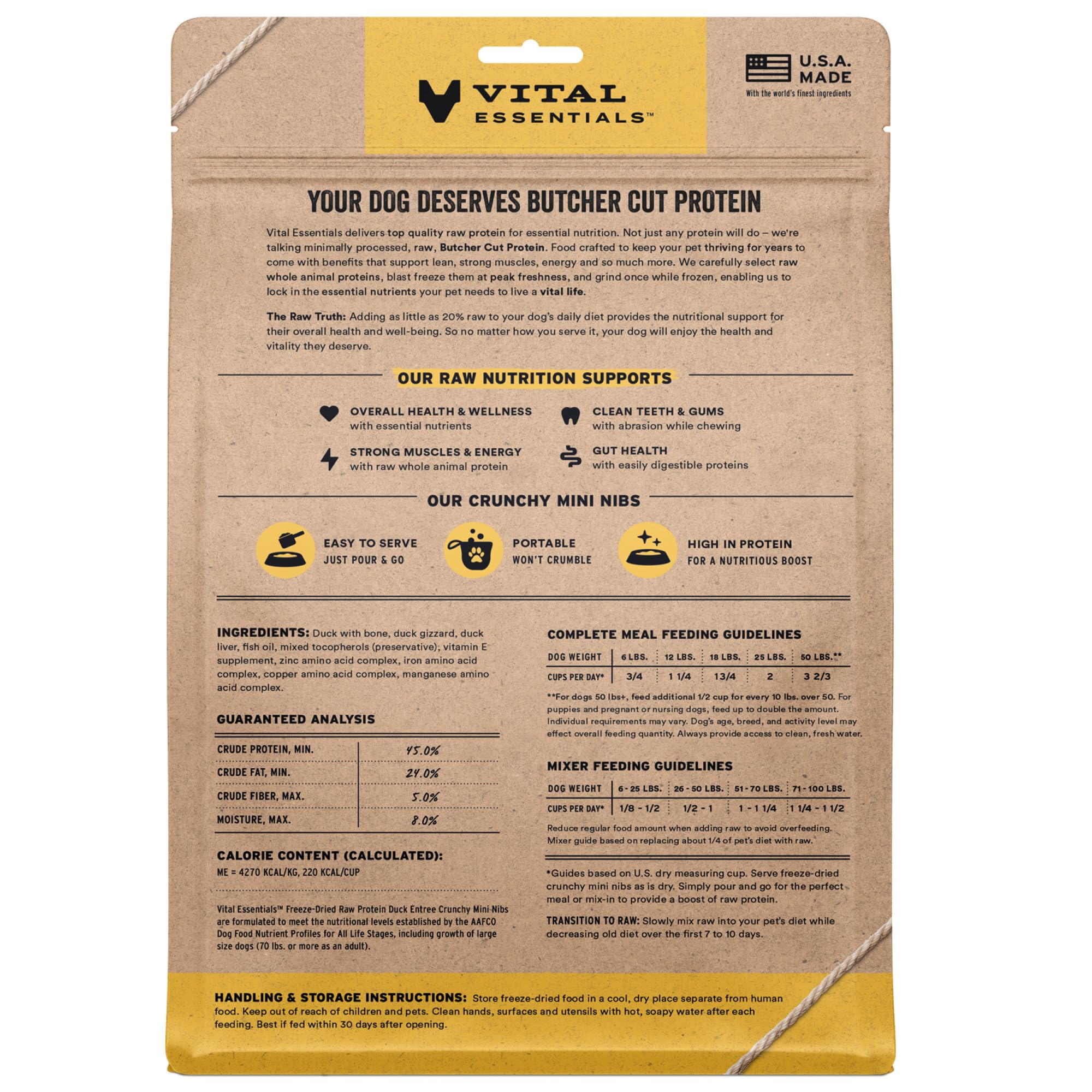 Vital Essentials alimentation sèche au canard: protéines élevées et profil simple.