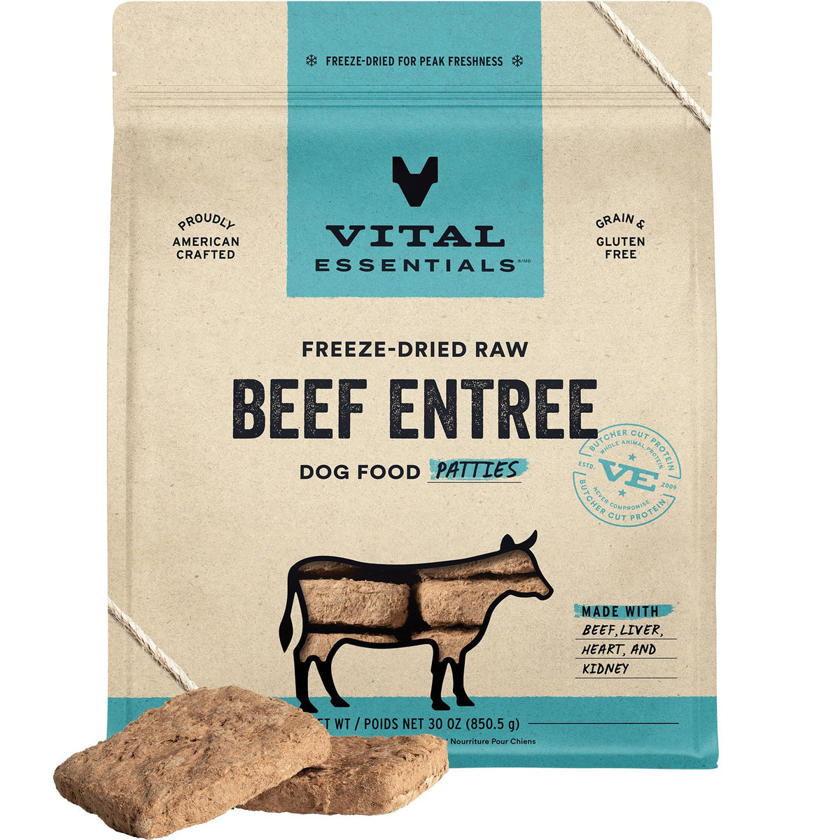 Vital Essentials galette de boeuf lyophilisée emballage clair pour chien actif et sain.