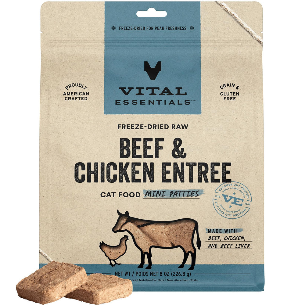 Vital Essentials bouchées mini boeuf et poulet pour chat, riches en protéines.