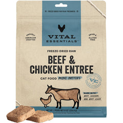 Vital Essentials bouchées mini boeuf et poulet pour chat, riches en protéines.