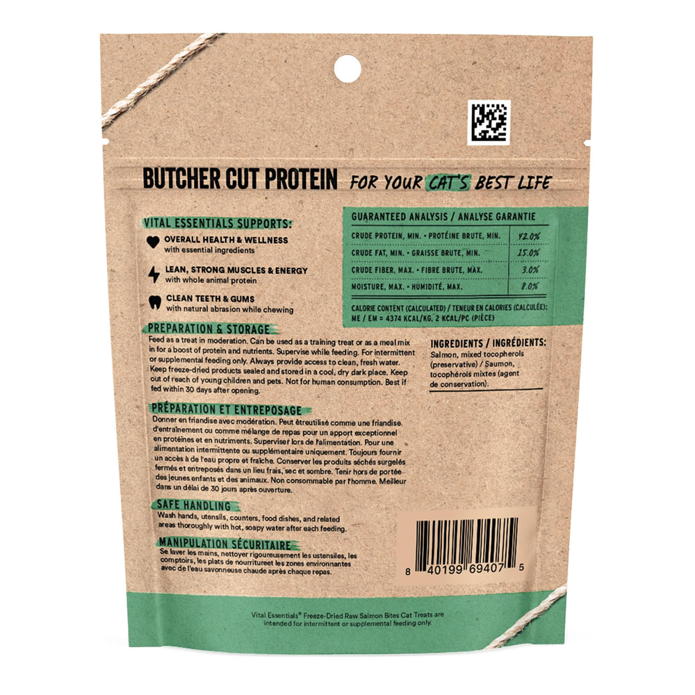 Vital Essentials saumon lyophilisé chat – bouchées croquantes idéales pour récompenser.