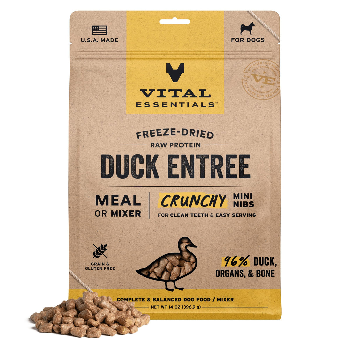 Vital Essentials canard croquant granulés: protéines élevées pour l'énergie quotidienne.