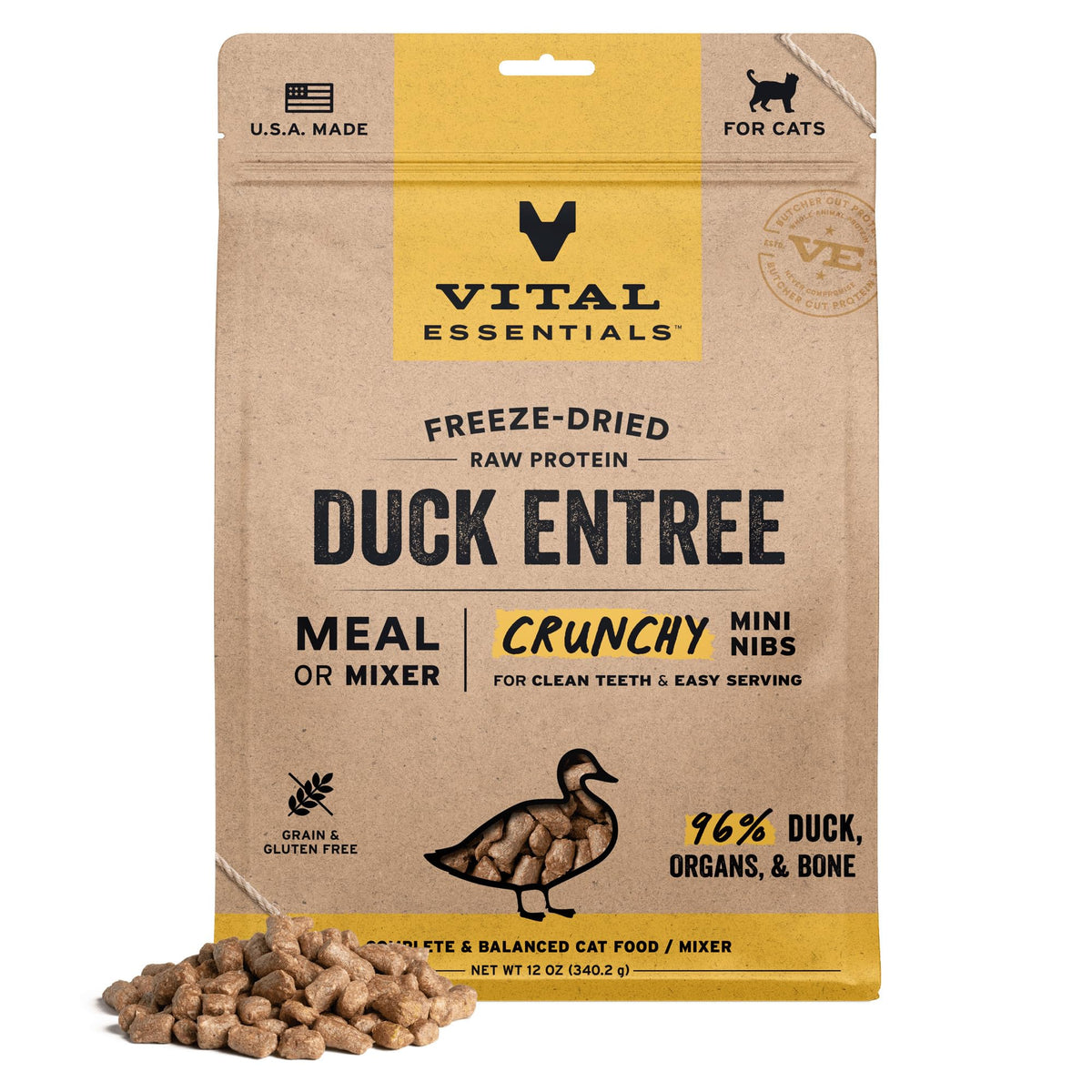 Vital Essentials sachet canard mini-bouchées, pratique pour repas quotidiens.