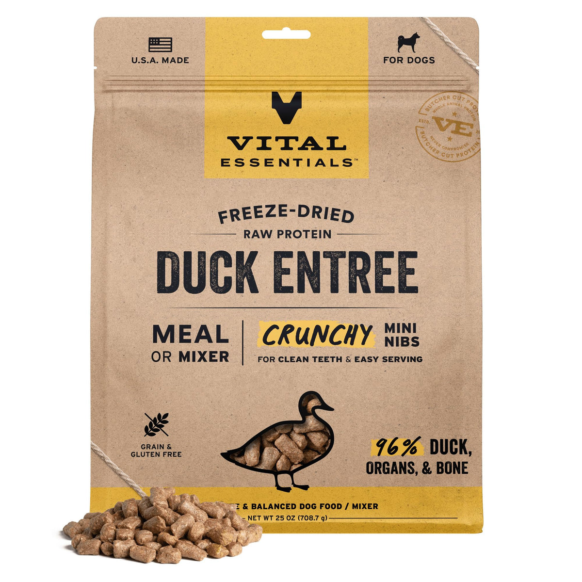 Vital Essentials canard mini nibs emballage pratique et prête à doser.