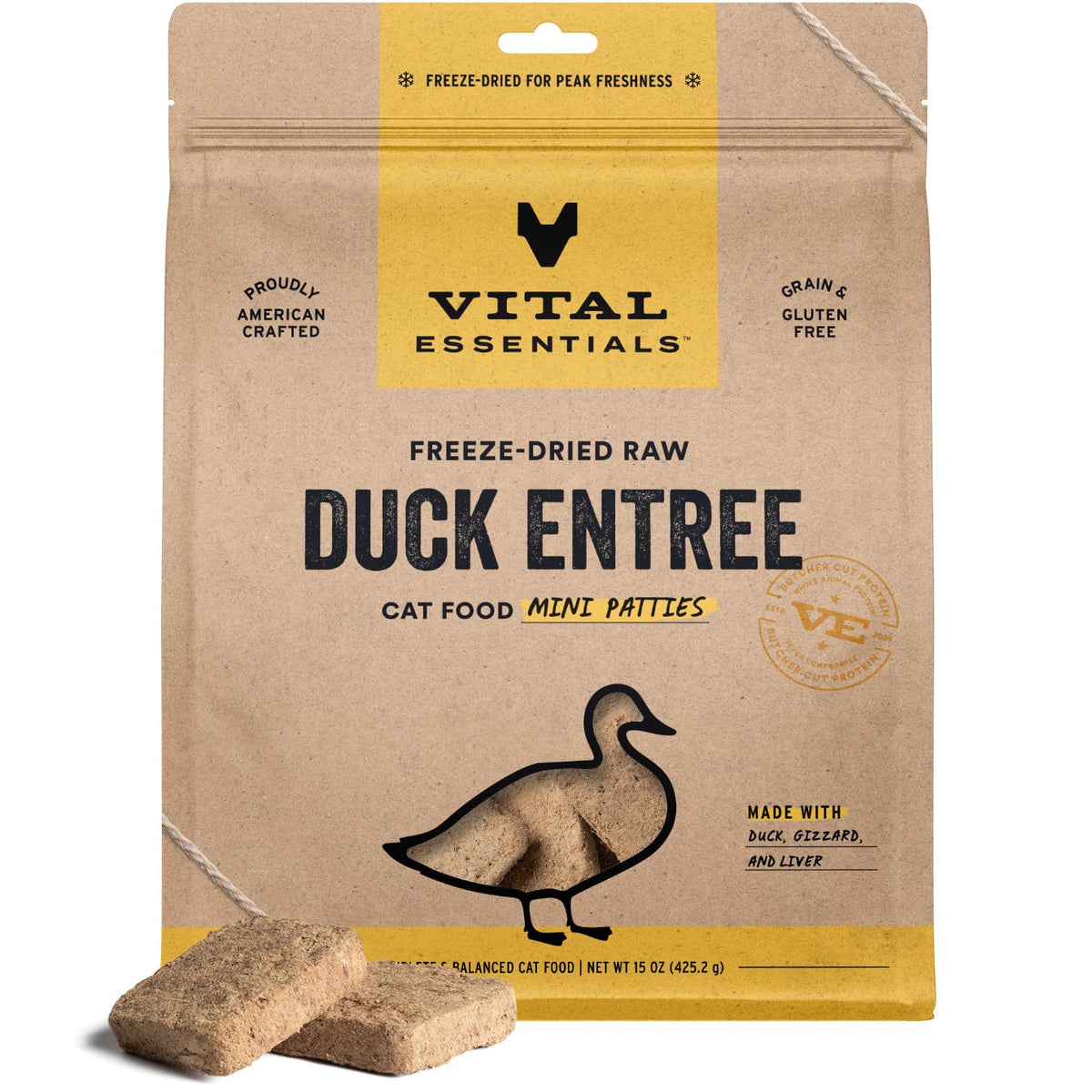 Vital Essentials canard mini patty lyophilisée: source de protéines complètes pour chats.