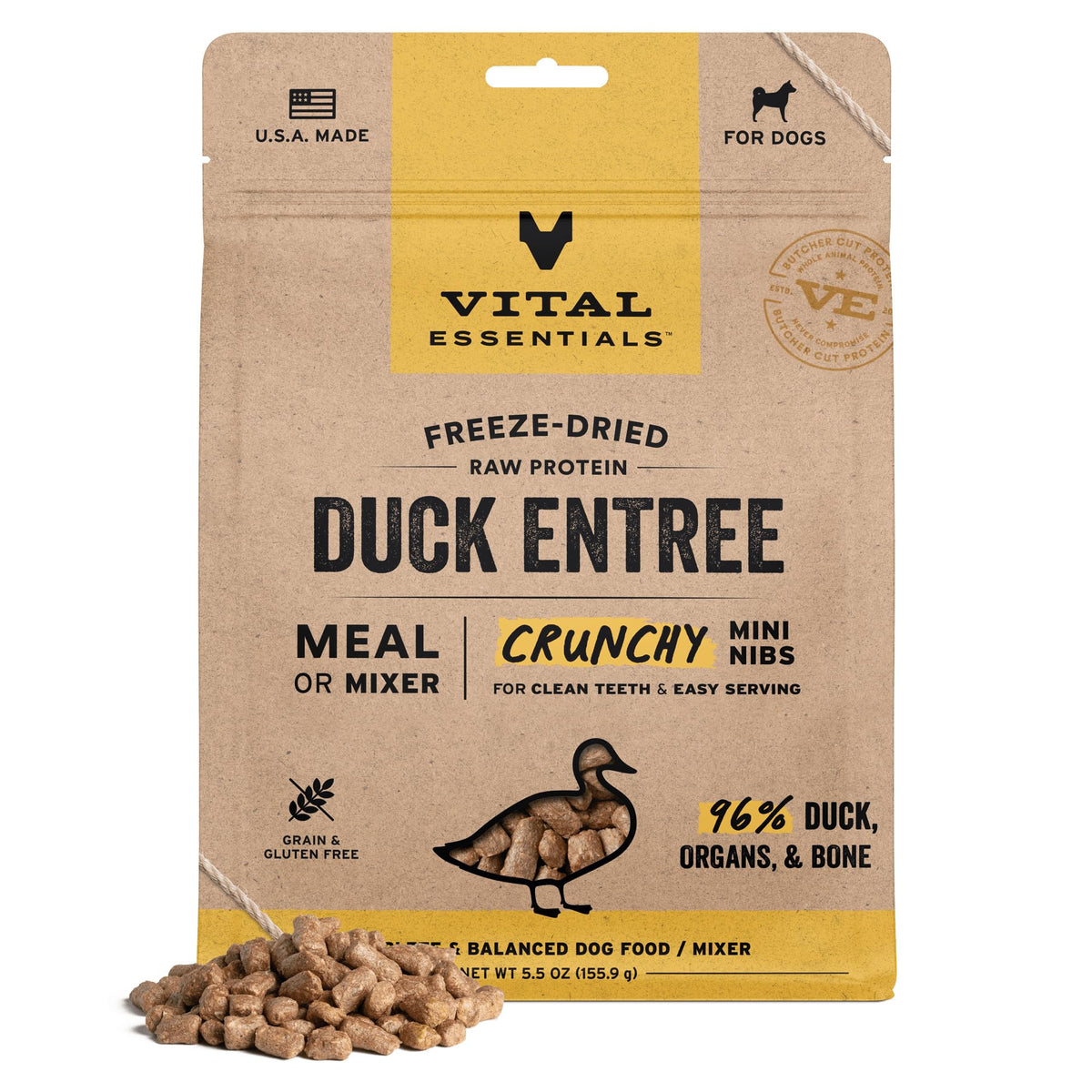 Vital Essentials canard-nibs croustillants dans l'emballage, source protéique complète pour chien.