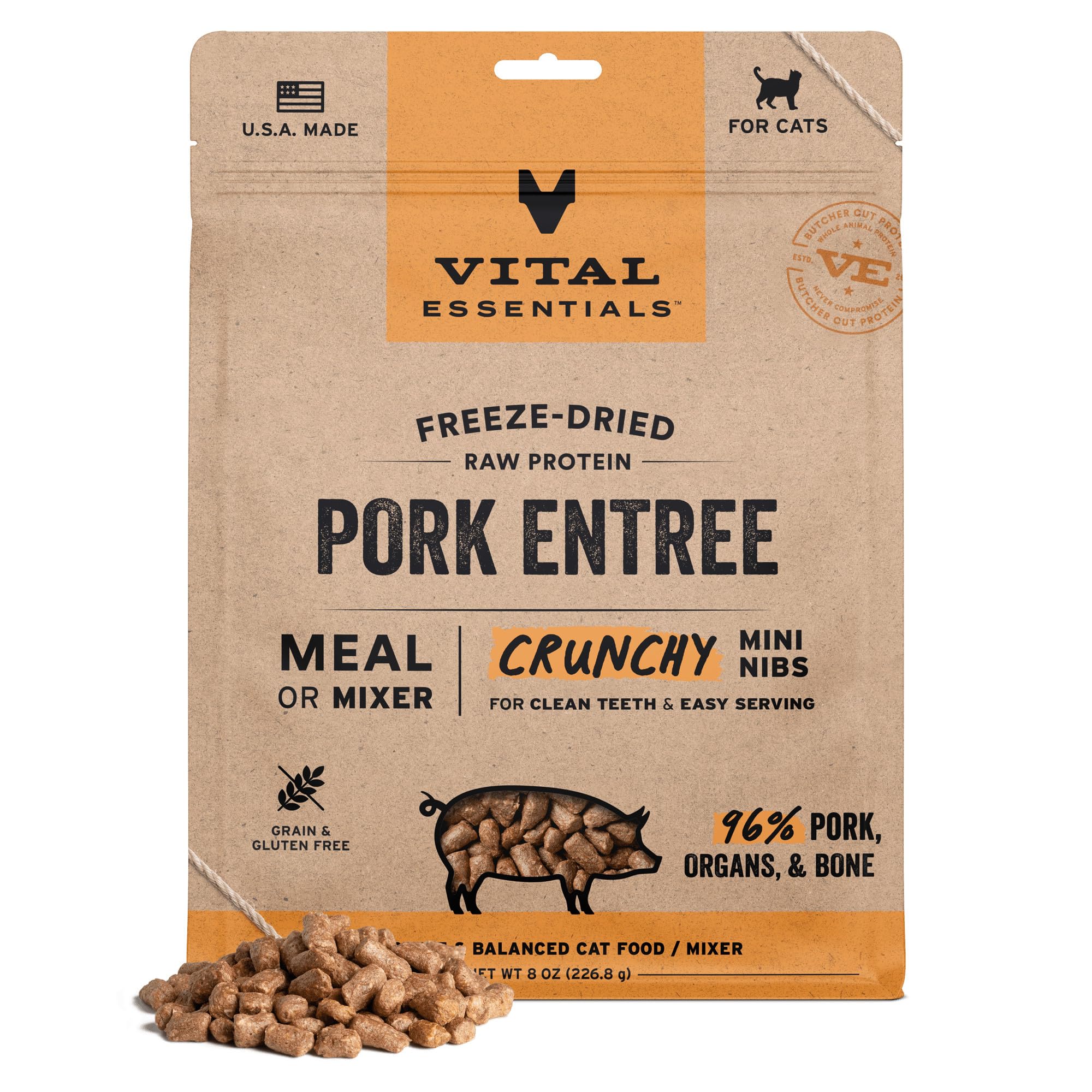 Vital Essentials chat porc morceaux lyophilisés emballage: repas pratique et complet.