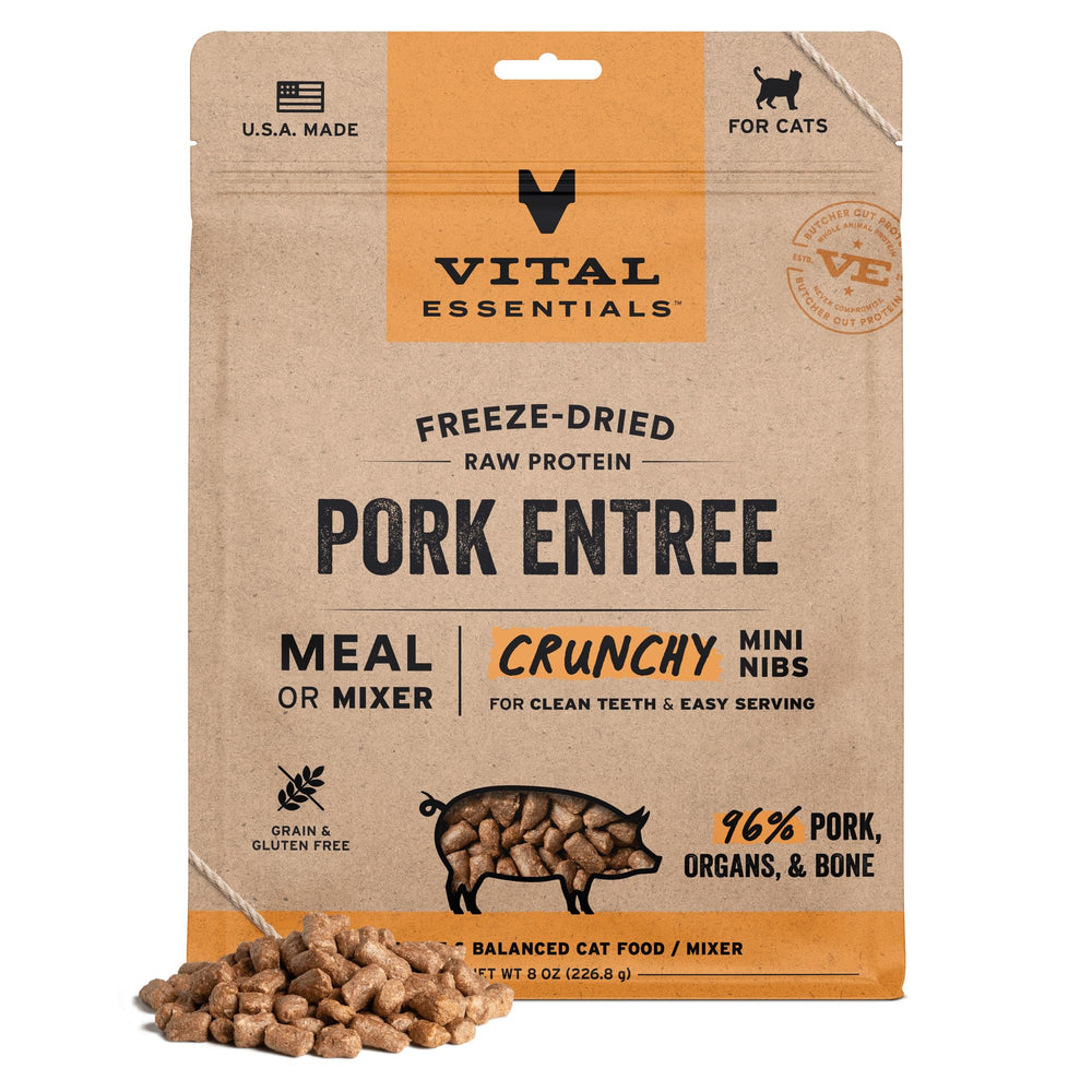 Vital Essentials chat porc morceaux lyophilisés emballage: repas pratique et complet.
