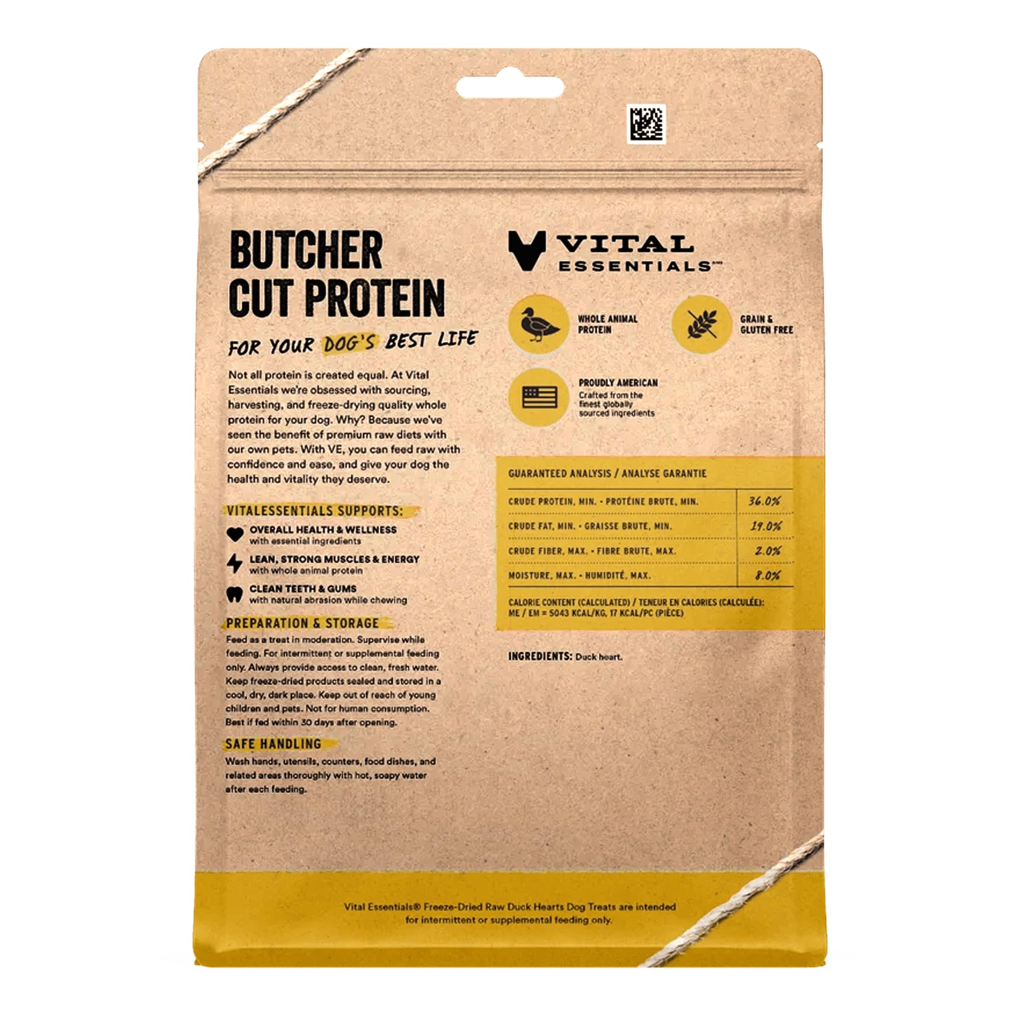 Morceaux Vital Essentials coeurs de canard séchés, sachet fermé prêt à offrir.