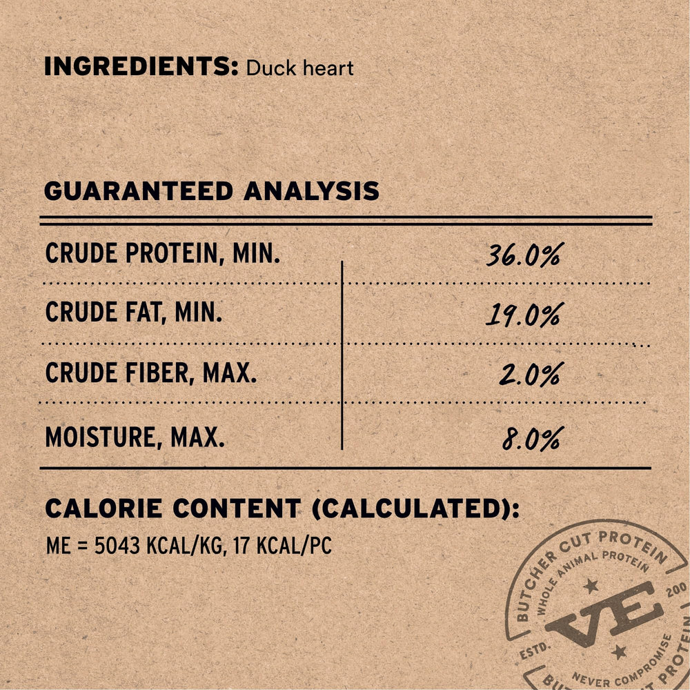Tranches fines Vital Essentials coeurs de canard séchés, illustration sachet ouvert.