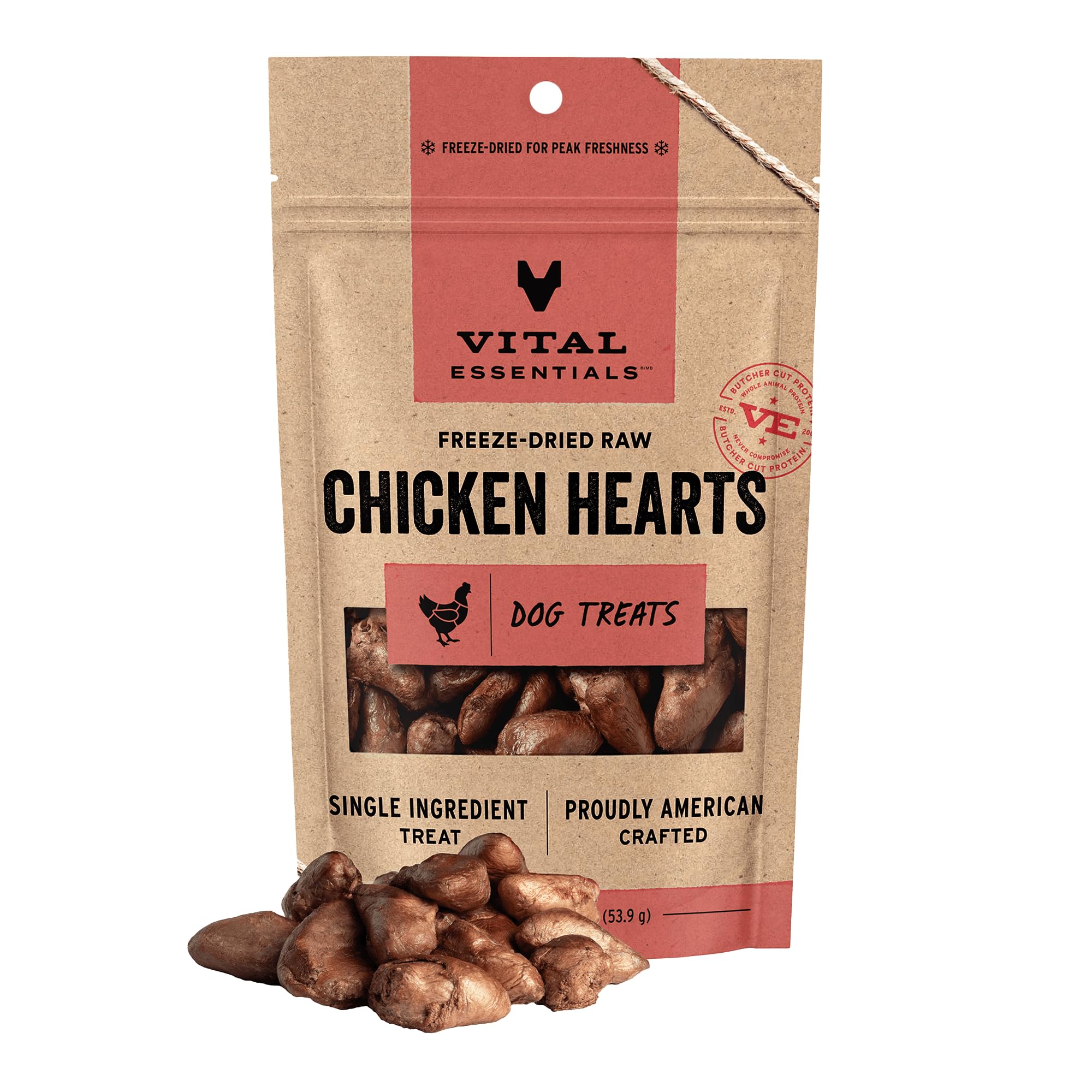 Vital Essentials: coeurs de poulet séchés pour chien, source protéique naturelle.