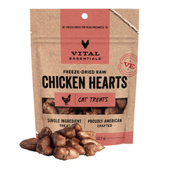 Vital Essentials: cœurs de poulet lyophilisés en sachet, riches en protéines pour chats actifs.