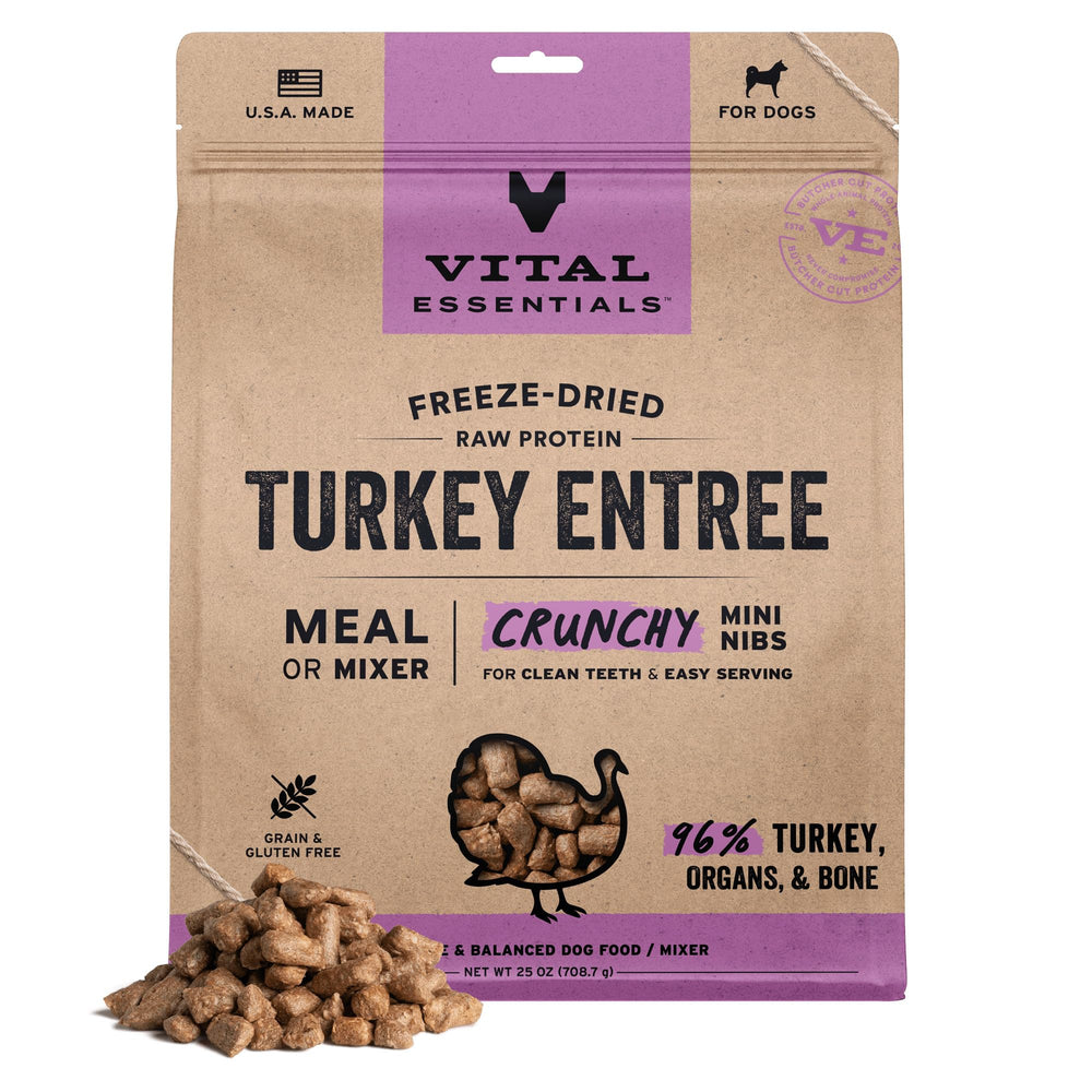 Vital Essentials mini-nibs dinde croustillants, repas complet pour chiens actifs.