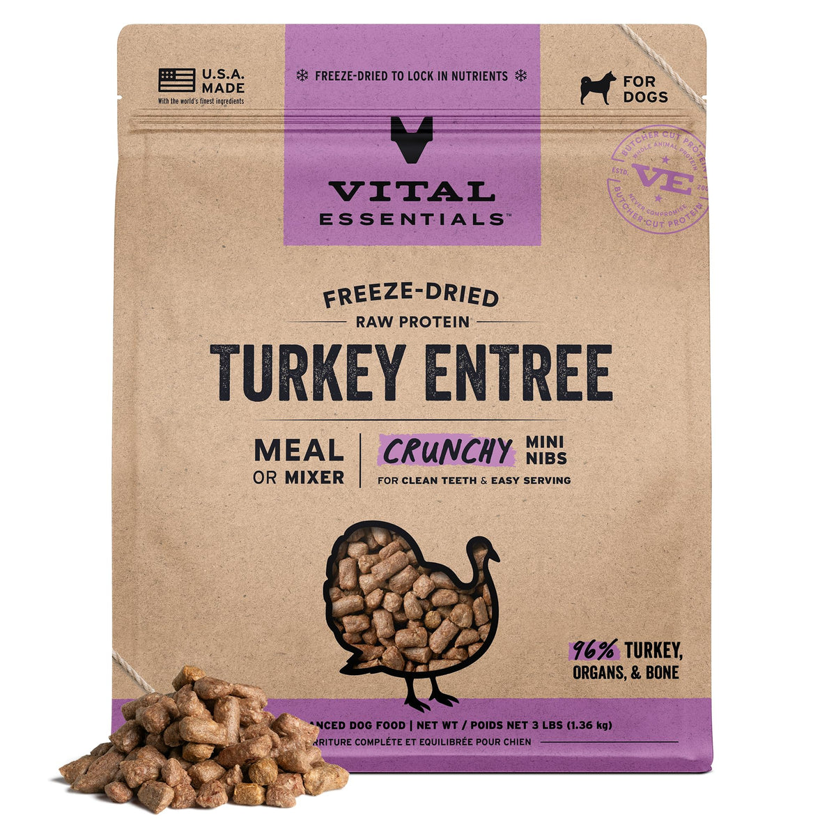 Vital Essentials emballage dinde mini, prêt à stocker pour chien.