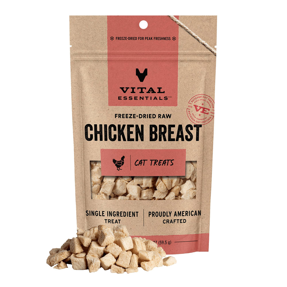 Vital Essentials friandise poulet seche chat – récompense protéinée pour chats actifs.