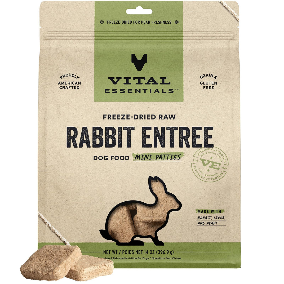 Vital Essentials mini galettes lapin cru pour chien actif, protéines élevées.