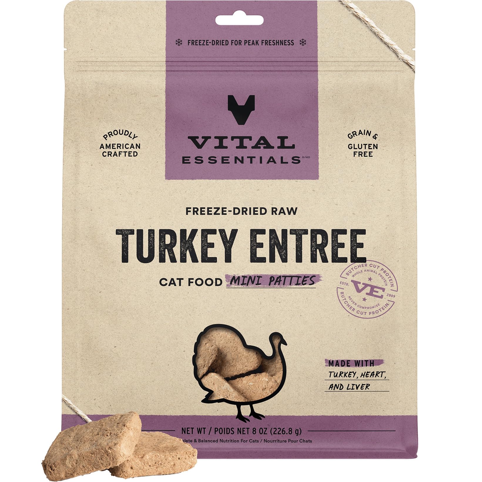 Vital Essentials mini-patties dinde lyophilisées, protéine pratique pour repas complets.