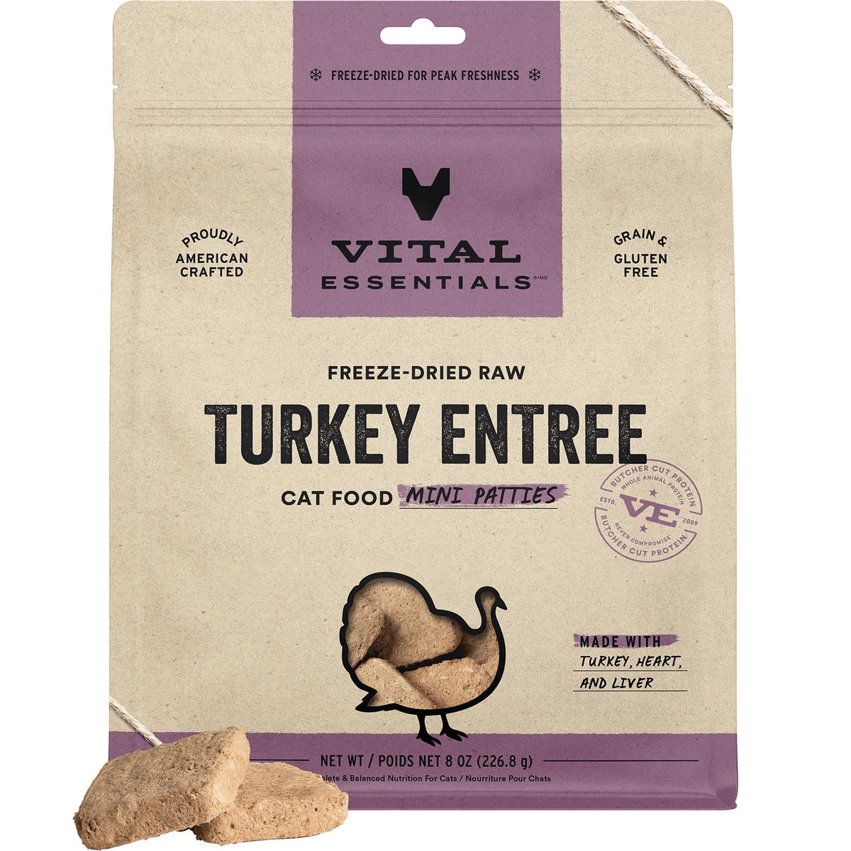 Vital Essentials mini-patties dinde lyophilisées, protéine pratique pour repas complets.