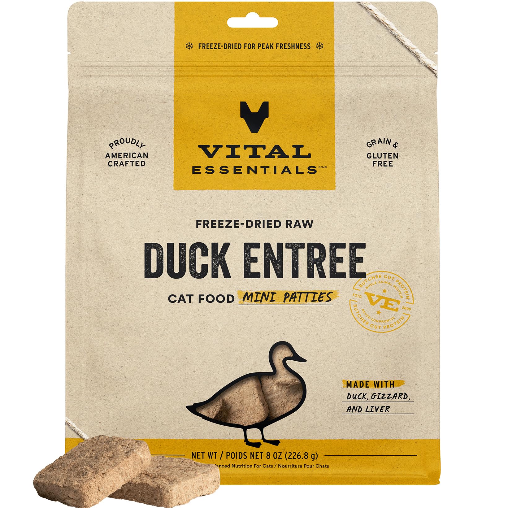 Vital Essentials mini patty canard, prêt à servir, riche en protéines.