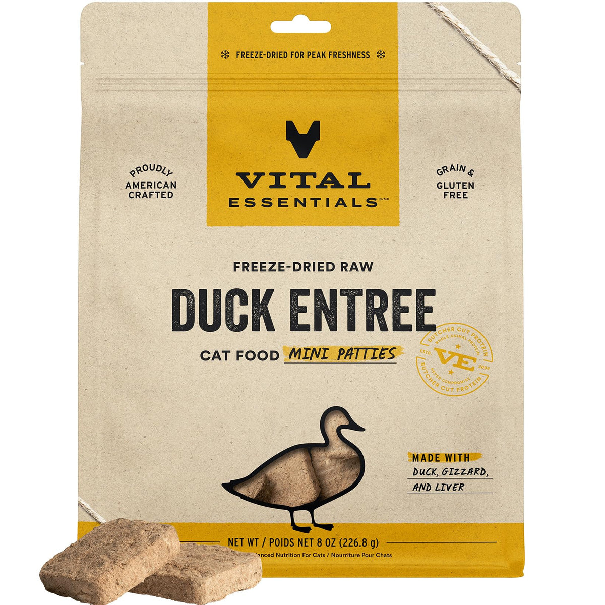 Vital Essentials mini patty canard, prêt à servir, riche en protéines.