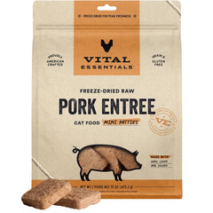 Vital Essentials mini-patty porc lyophilisé, source protéique élevée pour chats actifs.