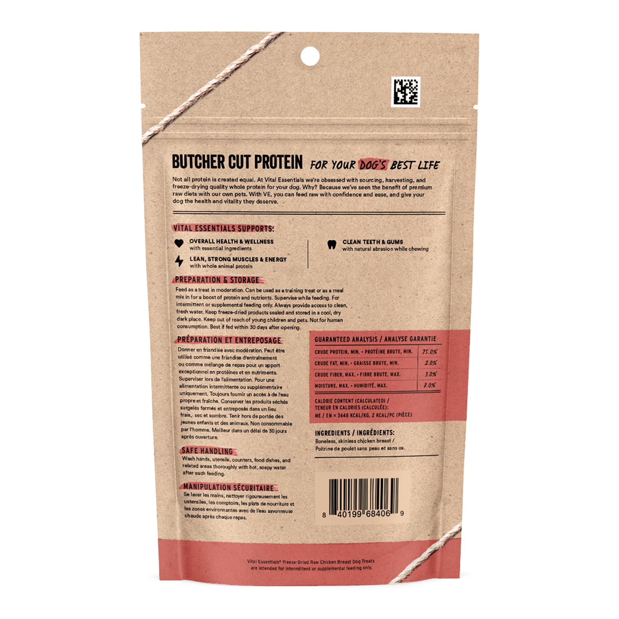 Morceaux de poulet lyophilisés visibles, friandise pour chien Vital Essentials.