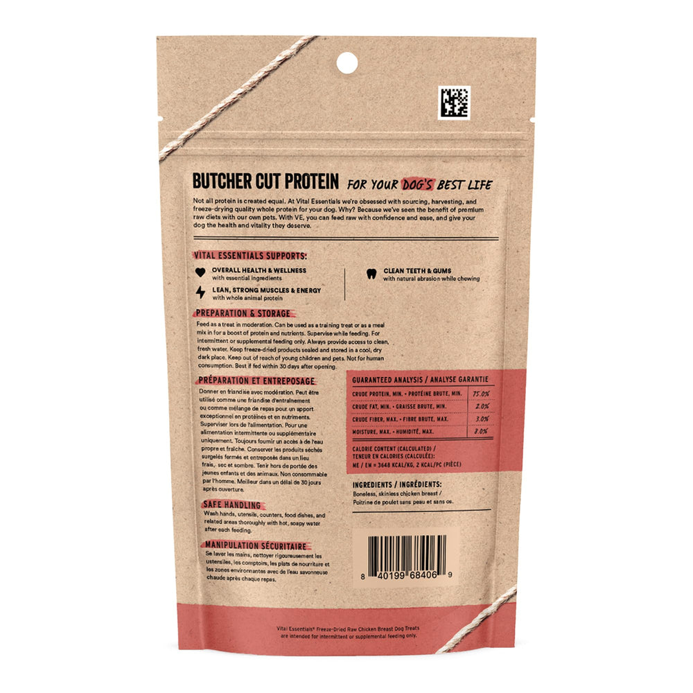 Morceaux de poulet lyophilisés visibles, friandise pour chien Vital Essentials.