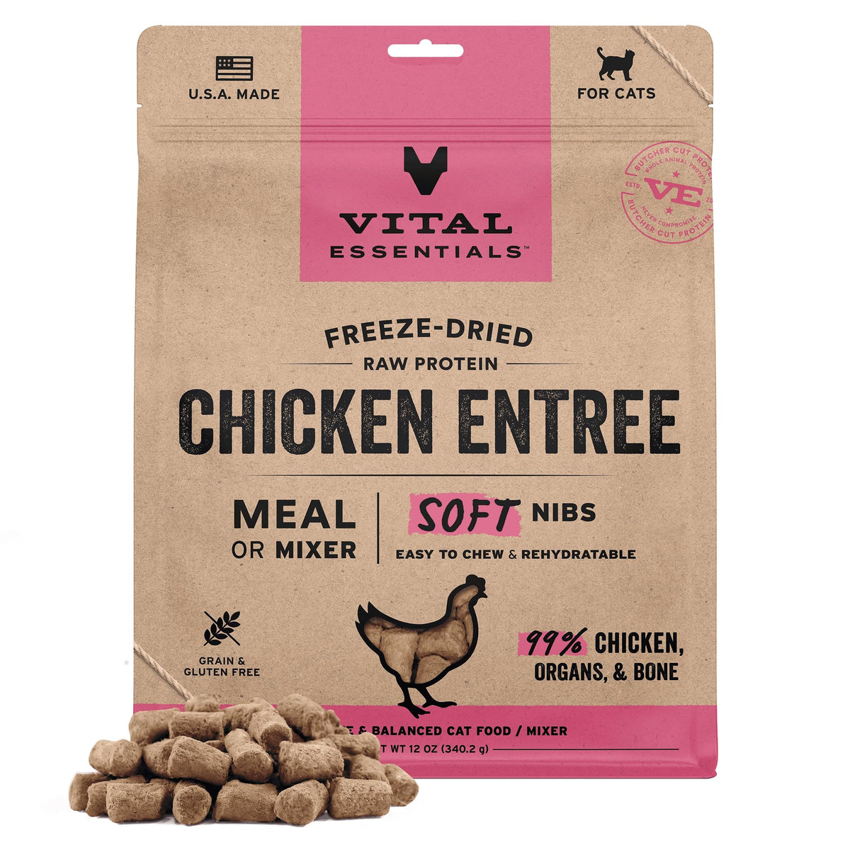 Vital Essentials morceaux poulet lyophilise, repas protéiné et savoureux pour chat