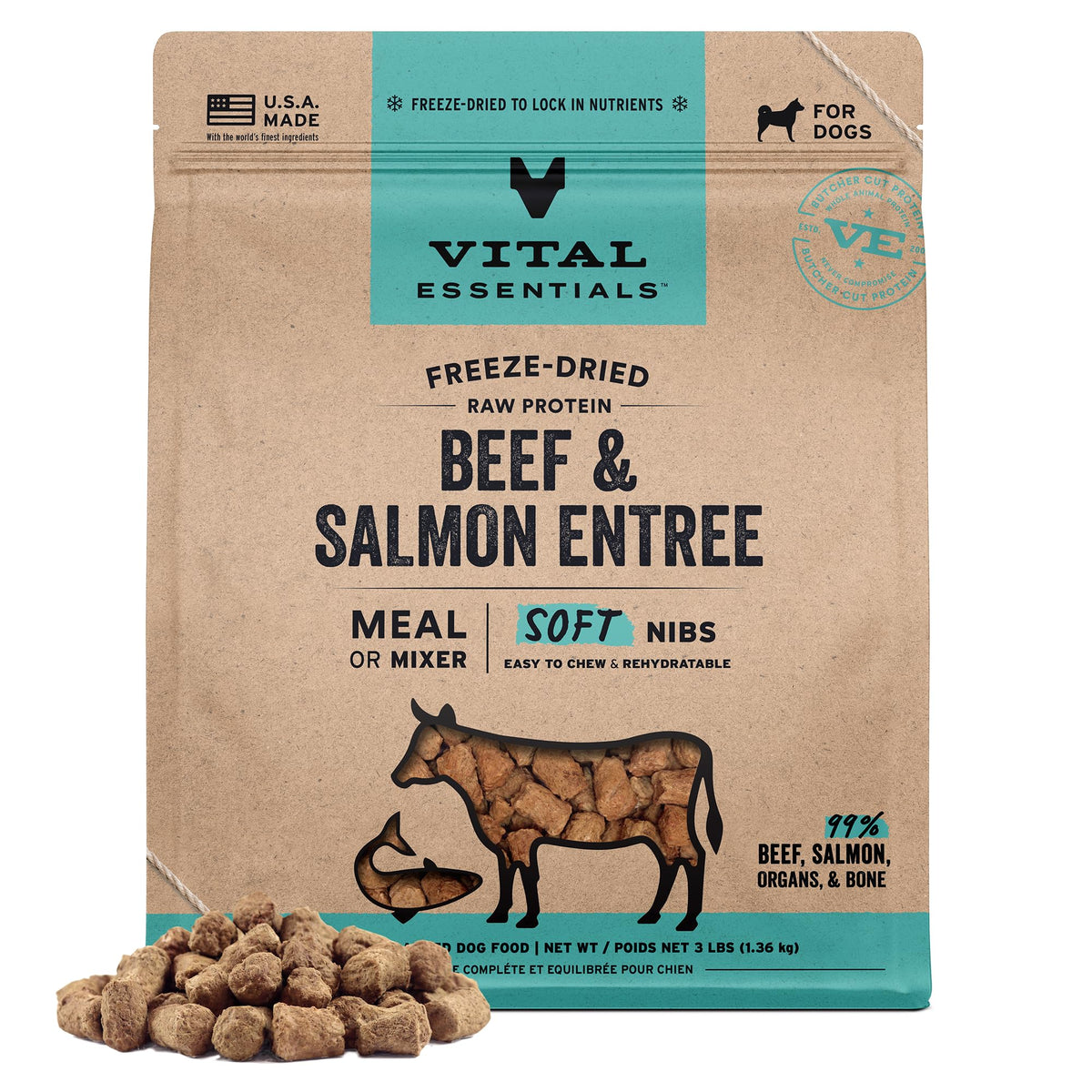 Vital Essentials – Morceaux tendres boeuf et saumon, nutrition riche pour repas équilibré.