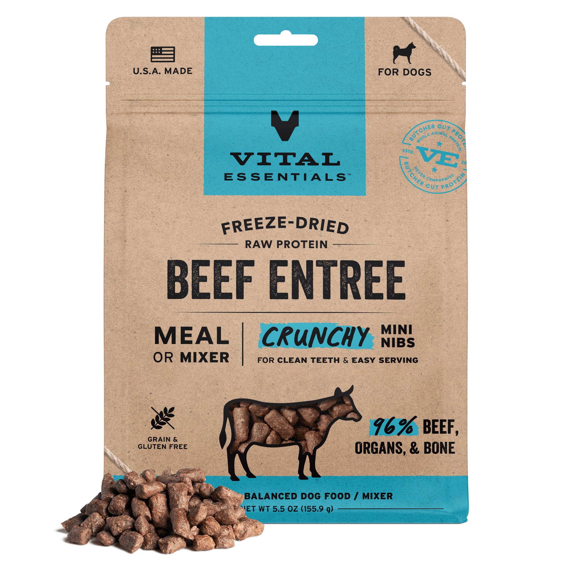 Vital Essentials nibs boeuf croquant séché pour chien actif et énergique