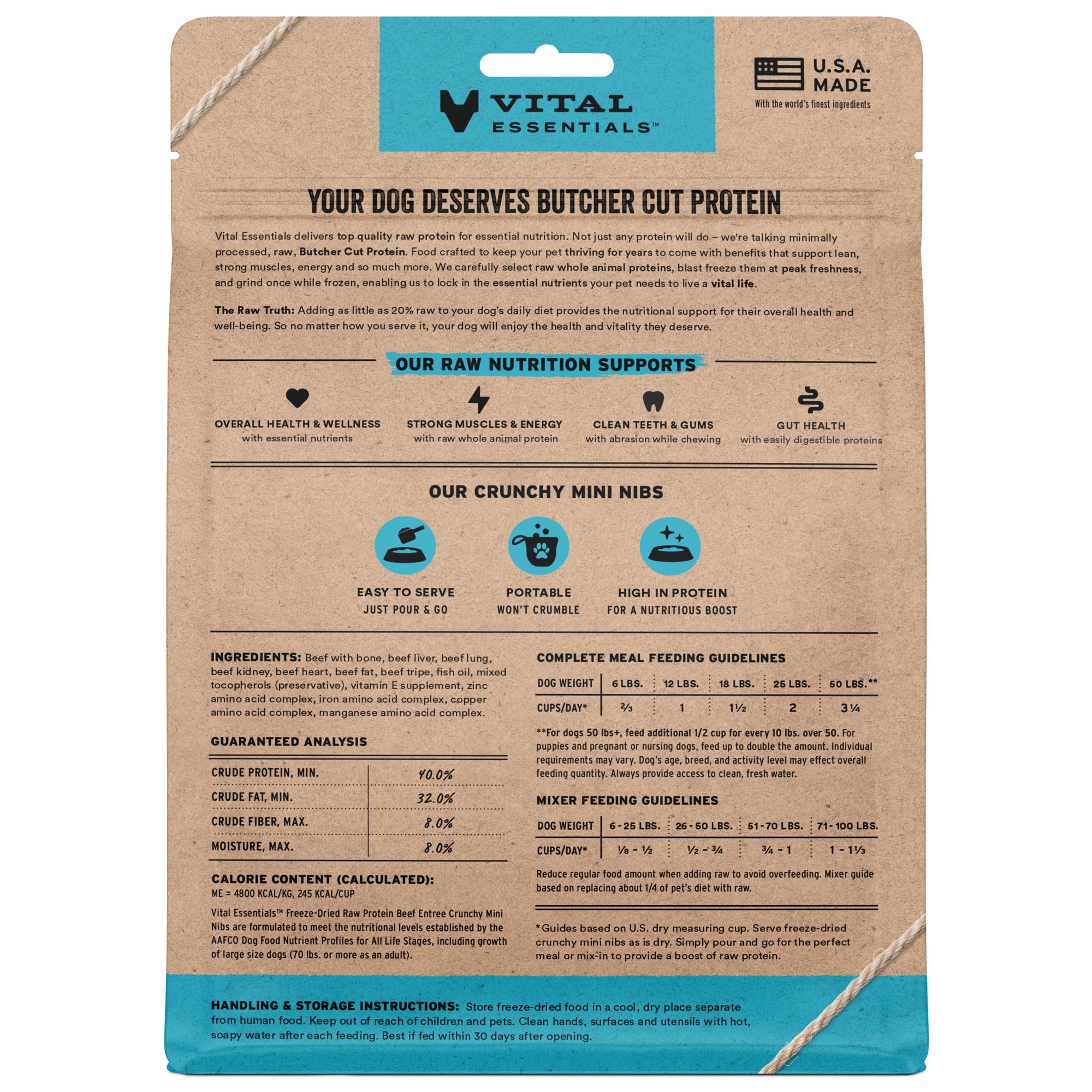 Vital Essentials nibs boeuf croquant séché, protéine élevée pour énergie durable