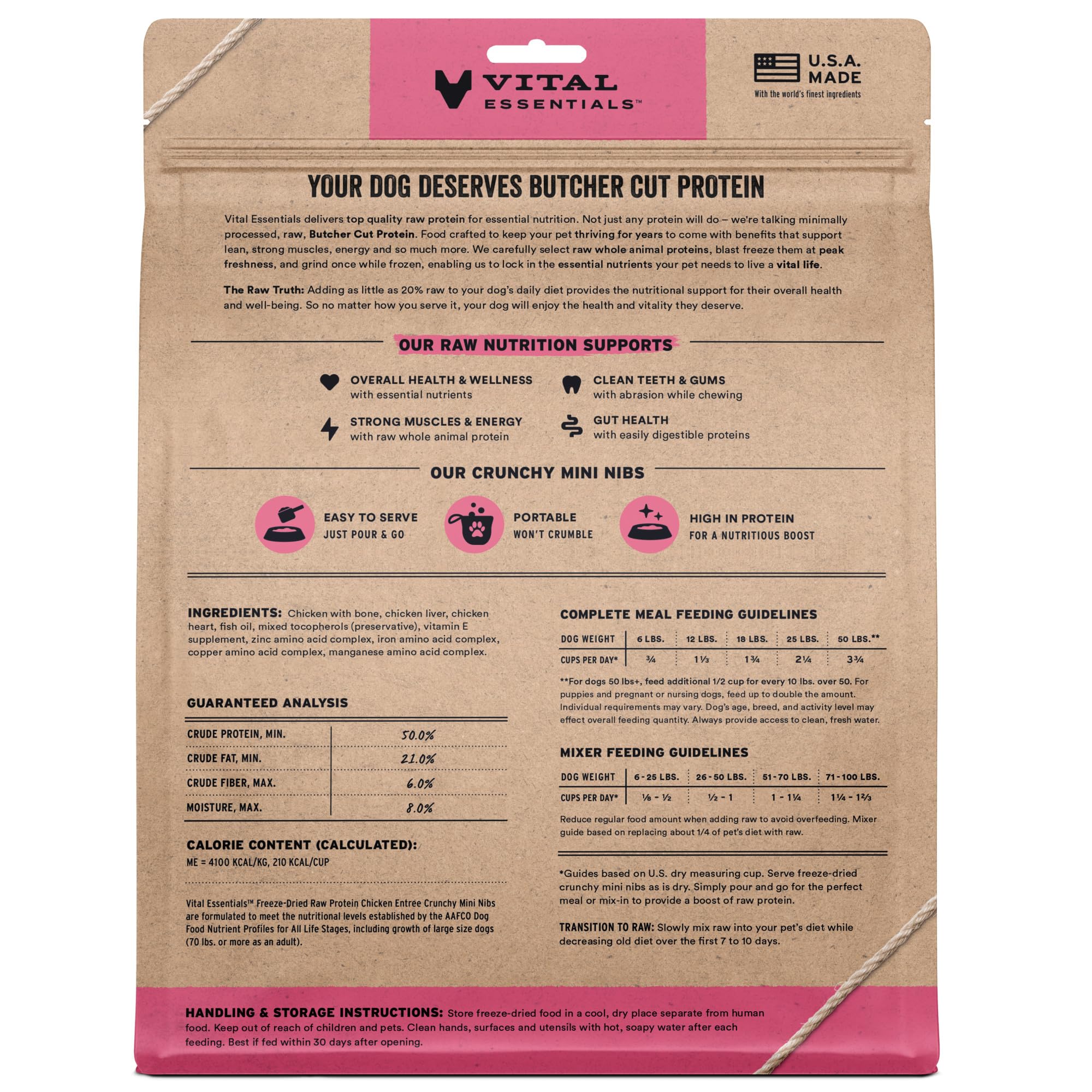 Vital Essentials Nibs poulet lyophilisé, assiette chien – repas pratique et sans céréales.