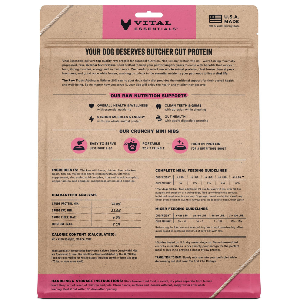 Vital Essentials Nibs poulet lyophilisé, assiette chien – repas pratique et sans céréales.
