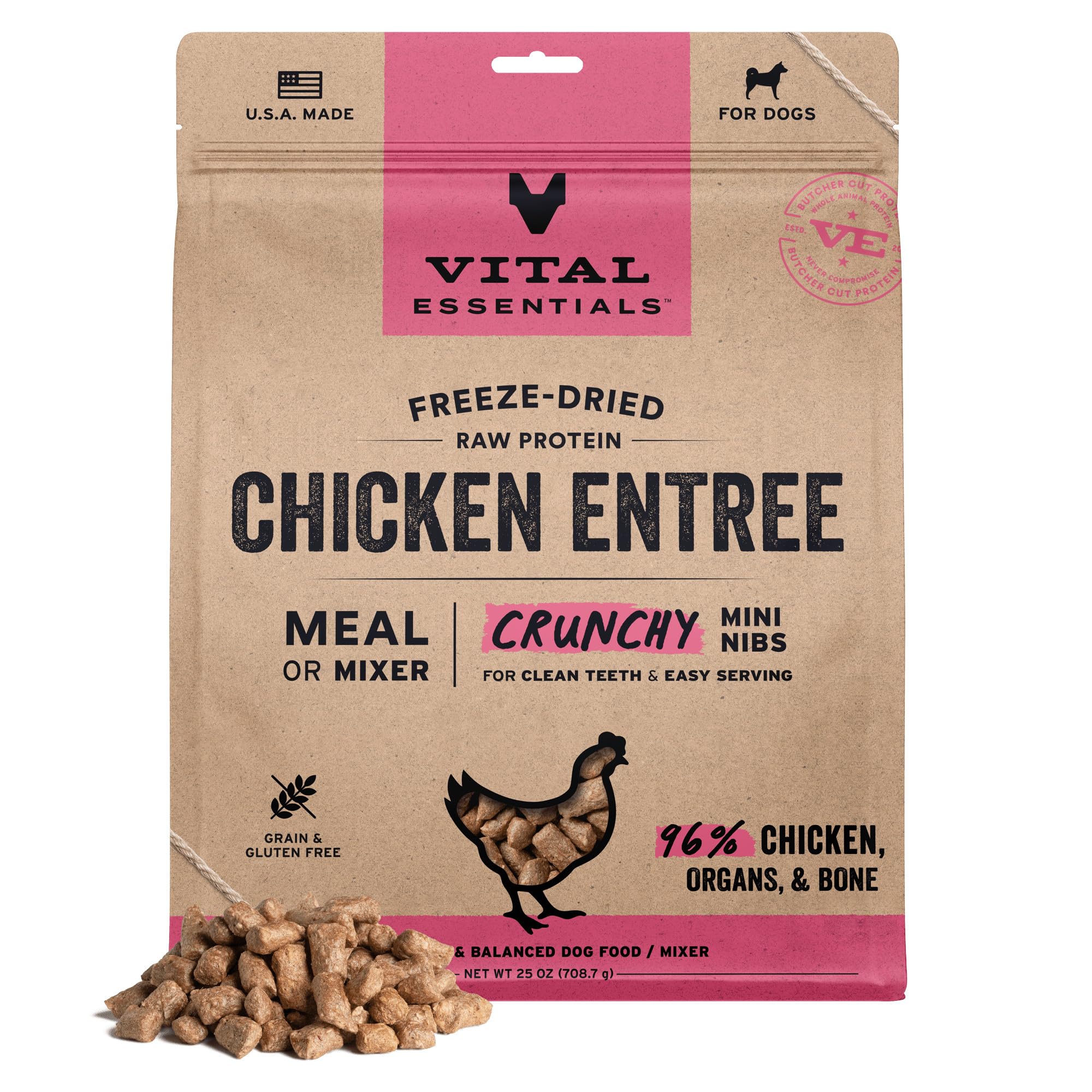 Vital Essentials Nibs poulet lyophilisé – premier plan, protéine élevée pour chiens actifs.