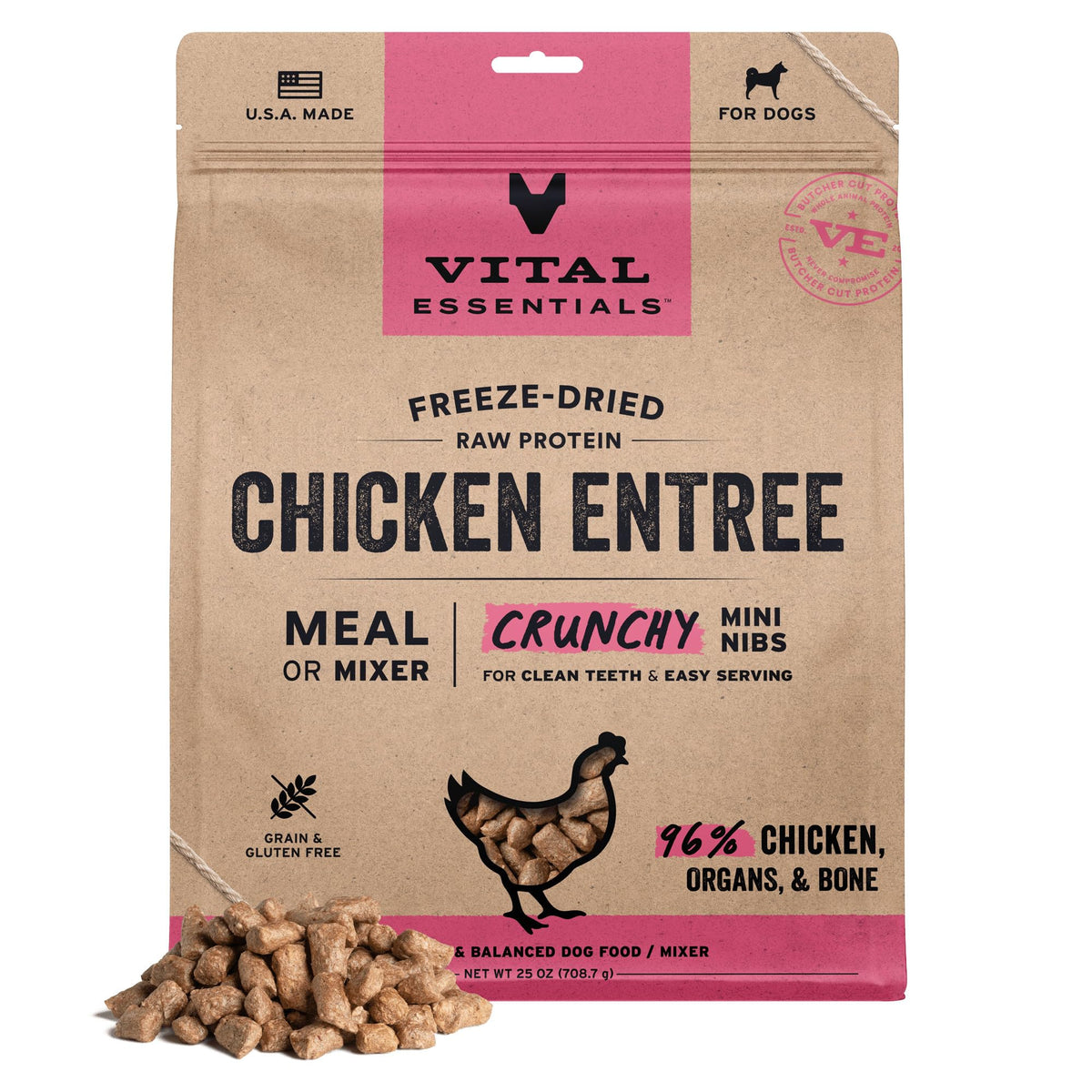 Vital Essentials Nibs poulet lyophilisé – premier plan, protéine élevée pour chiens actifs.