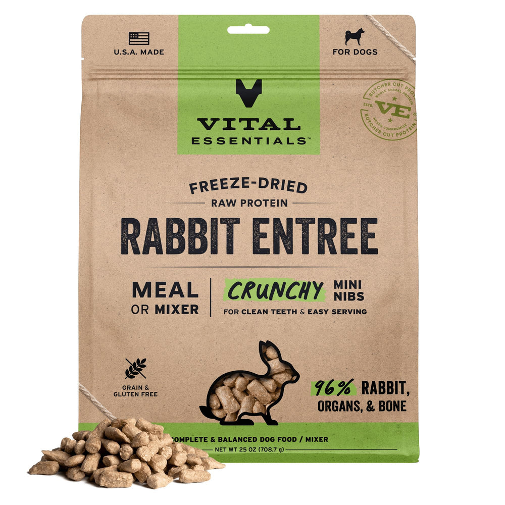 Vital Essentials - emballage des mini-bouchées au lapin, prêt à nourrir votre chien.
