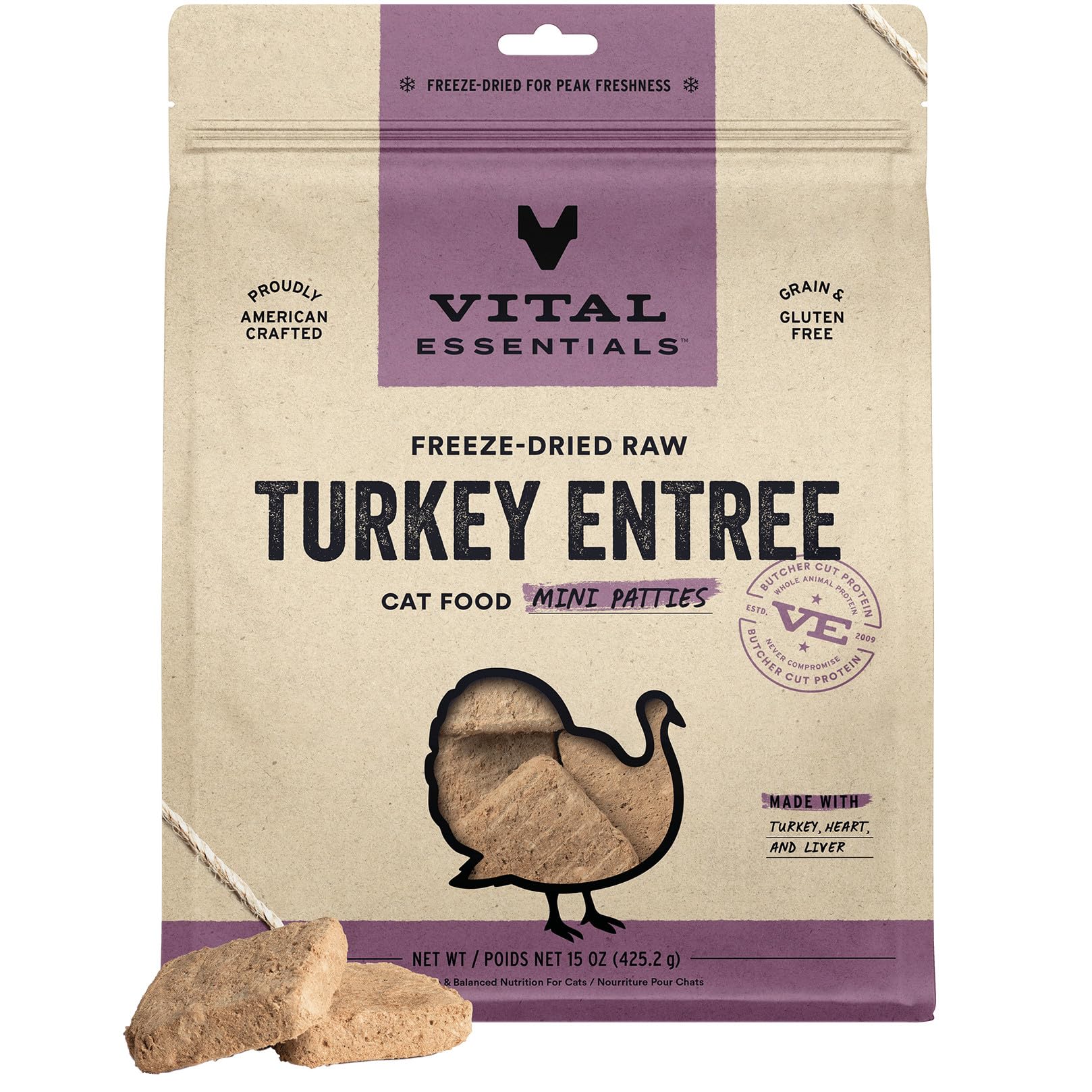 Vital Essentials Patties Dinde Mini lyophilise, texture proteine elevee pour chats actifs.