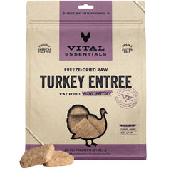 Vital Essentials Patties Dinde Mini lyophilise, texture proteine elevee pour chats actifs.