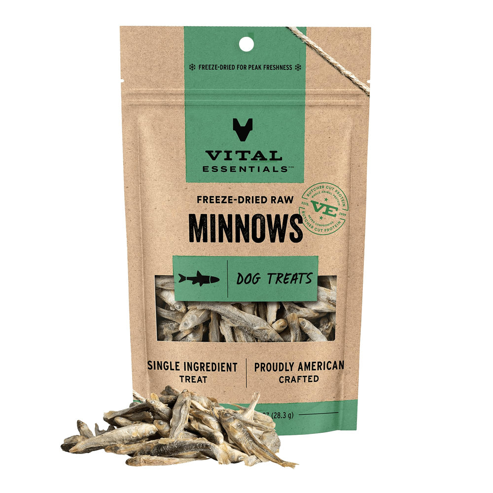 Vital Essentials Poissons miniatures emballage — friandise naturelle sans céréales pour chiens.