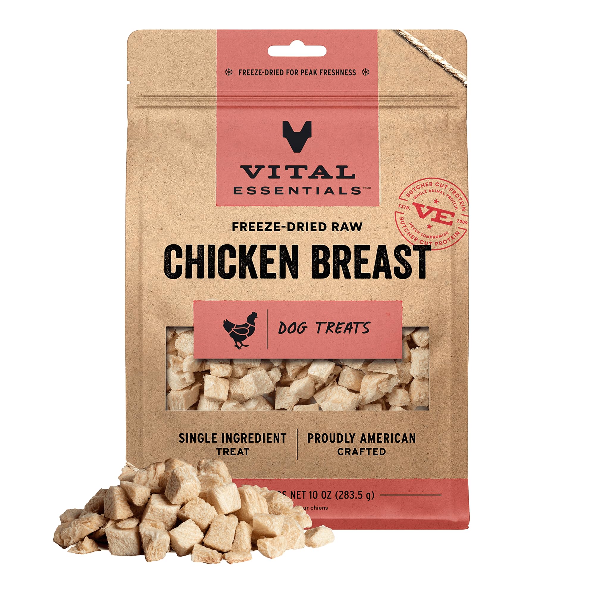 Vital Essentials Poitrine poulet lyophilisée, petits morceaux idéaux pour récompenses lors de l’entraînement.