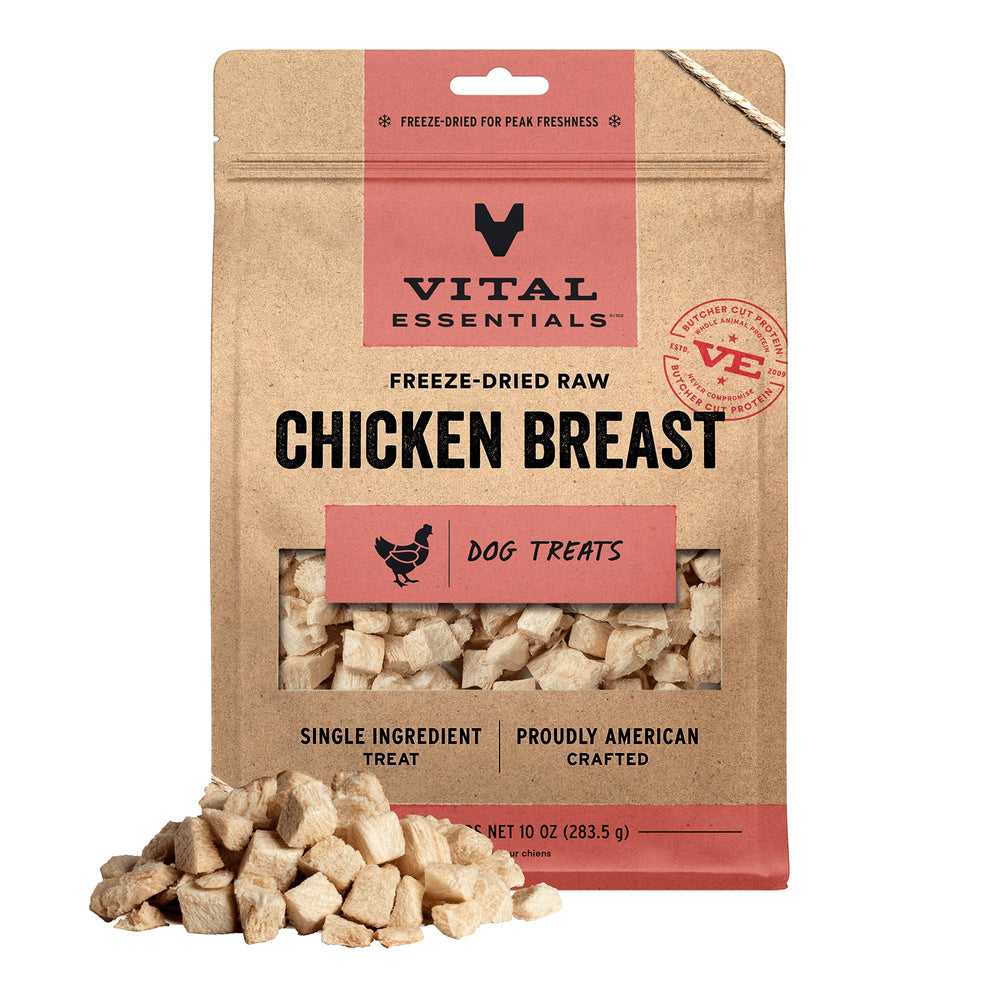Vital Essentials Poitrine poulet lyophilisée, petits morceaux idéaux pour récompenses lors de l’entraînement.